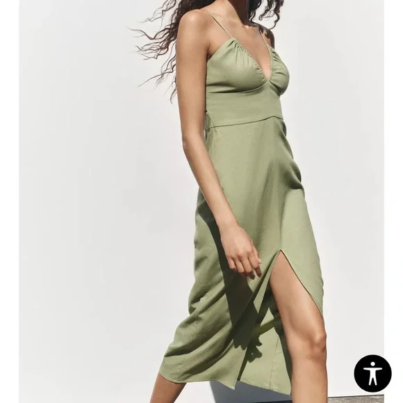 Zara Olive Green Linen Dress Strappy - Picture 1 of 10